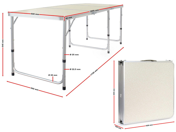 Folding travel table camping garden table large 180x60 suitcase