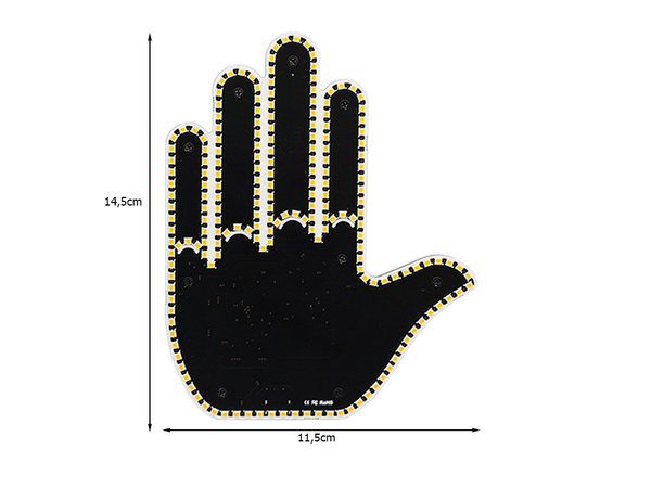 Gesture signalling hand on the rear window of a car middle finger led remote control
