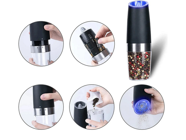 Elektriskais piparu un sālis malniņš ar apgaismojumu un regulatoriem