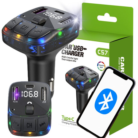 Transmiter samochodowy fm mp3/wma 2xusb + usb c bluetooth 5.3 led qc 3.0