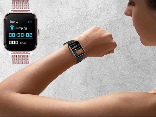 Smartwatch dámské hodinky pánské gumový řemínek sport bluetooth hovory růžové