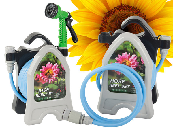 Tuyau d'arrosage de jardin sur pied avec pistolet enroulé 10m