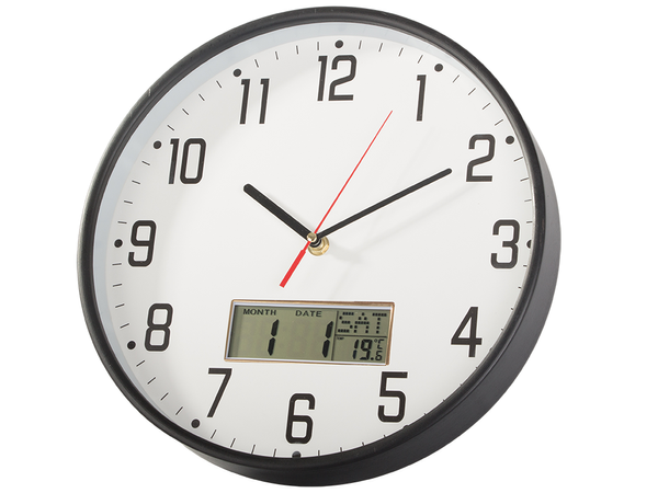 Wall clock large silent 30cm round pointer date temperature wood