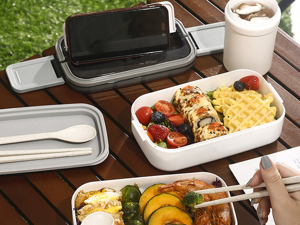 Frühstücksbox mit fächern stapelbarer behälter xxl besteck lunchbox 1400 ml