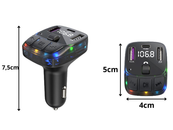 Car car mp3/wma transmitter 2xusb + usb c bluetooth 5.3 led qc 3.0