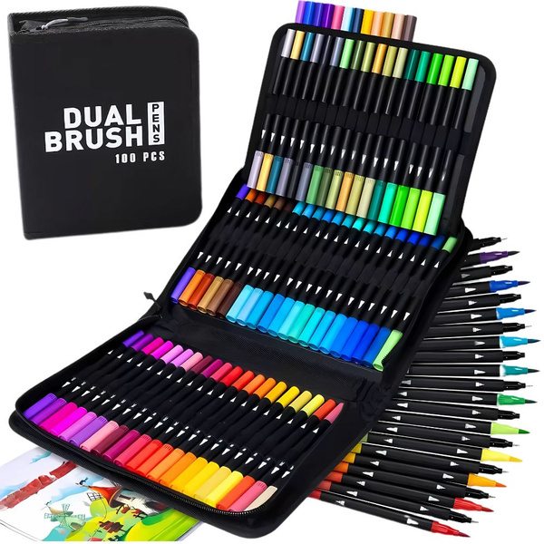 SET DE FEUTRES 100 COULEURS FEUTRES AQUARELLE DOUBLE FACE + ÉTUI