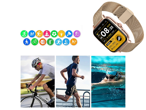 Smartwatch dámské pánské hodinky gumový řemínek sport bluetooth hovory zlaté