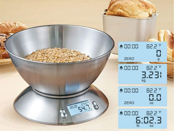 Cântar de bucătărie electronic digital cu bol 5kg lcd argint metalic