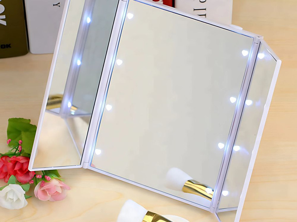 Folding mirror with cosmetic stand for make-up, led lighted