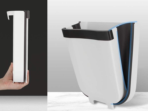 Salokāms grozs bioloģiskajiem atkritumiem, kas karājas uz skapja