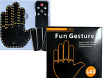 Gesture signalling hand on the rear window of a car middle finger led remote control