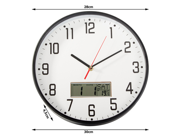 Stenska ura velika tiha 30cm okrogla kazalec datum temperatura les