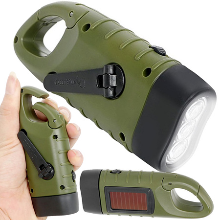 DYNAMO SOLAR 3 LED KINETIC HAND-CRANK FLASHLIGHT WITH CLIP