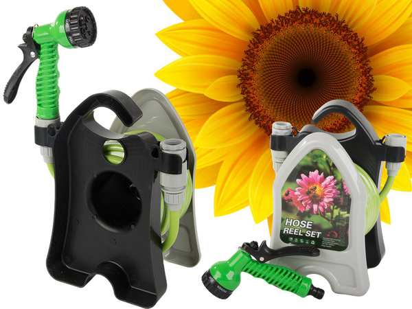 Tuyau d'arrosage de jardin sur pied avec pistolet enroulé 10m