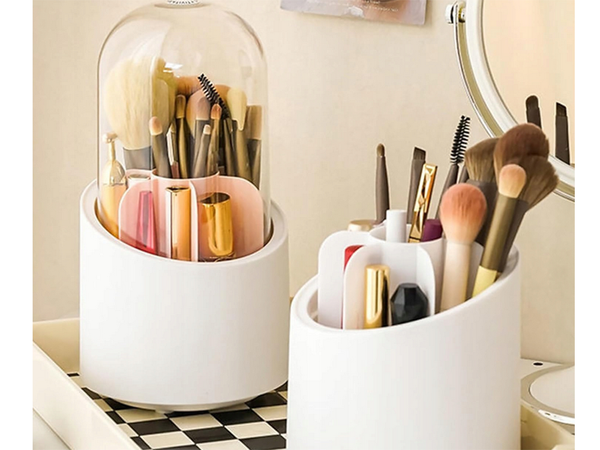 Cosmetics organiser swivel make-up brush holder with lid