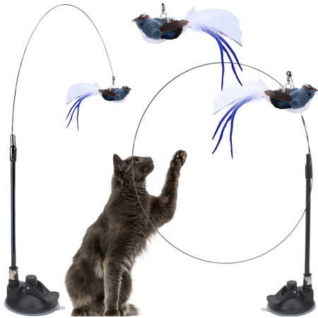 Katze stange interaktives spielzeug mit saugnapf beweglichen vögelchen