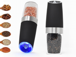 Electric gravity pepper and salt mill with lighting and adjustment