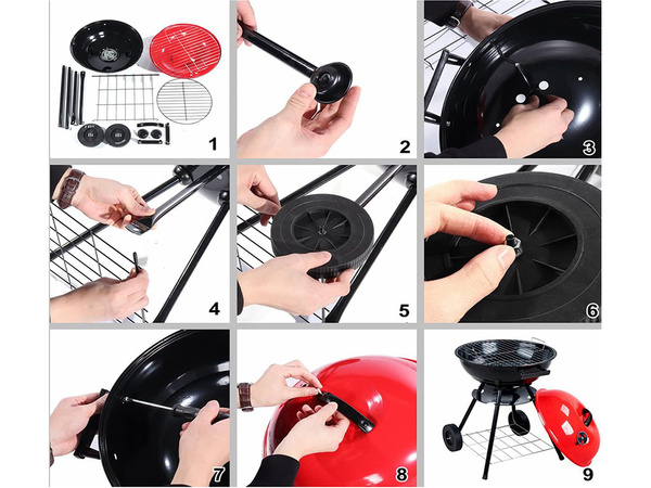 Barbacoa de briquetas de carbon de jardin ruedas tapa redonda cerrable portatil