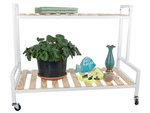 Parterre de madera para flores en maceta estantería de dos pisos sobre ruedas terraza
