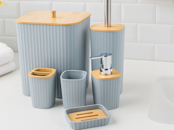 Set de baño cepillo de baño wc dispensador papelera de bambú 6 elementos