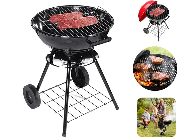 Charcoal garden briquette grill wheels round lid lockable portable