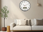 Nástěnné hodiny velké tiché 30cm kulatý ukazatel datum teplota dřevo