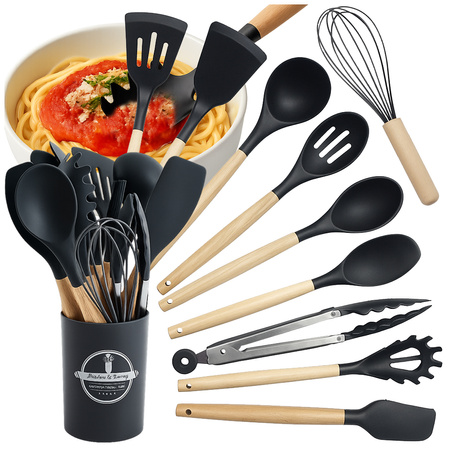 Silicone kitchen utensil set wooden accessories spoons 12 pieces