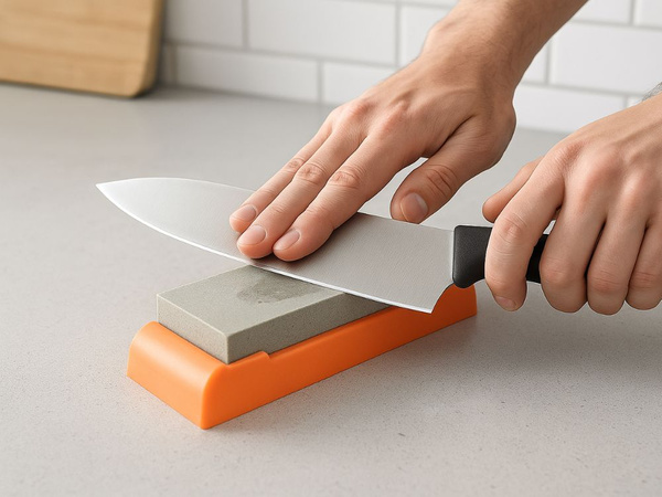 Stone sharpener for knives and scissors, double-sided, rectangular, on a base