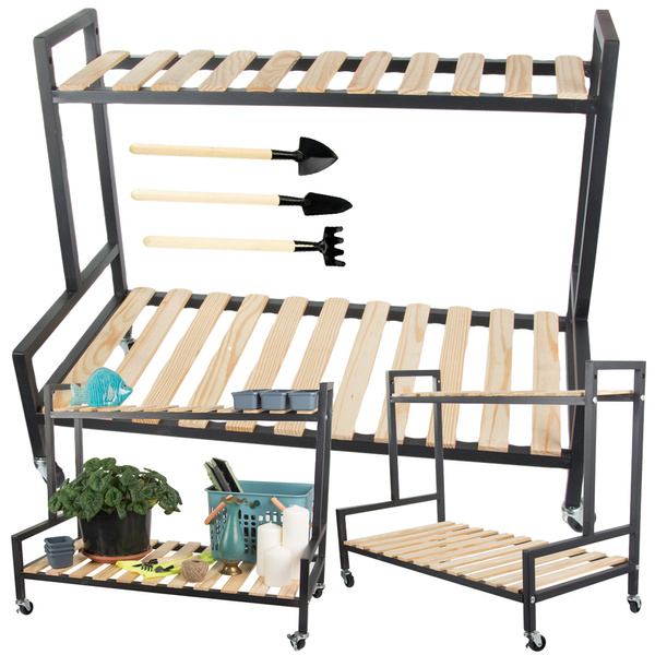 Wooden flowerbed for potted flowers two-storey shelf on wheels terrace