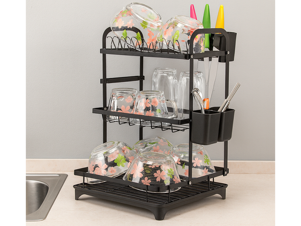 Séchoir à vaisselle pour assiettes, couverts et tasses à trois niveaux avec égouttoir et plateau
