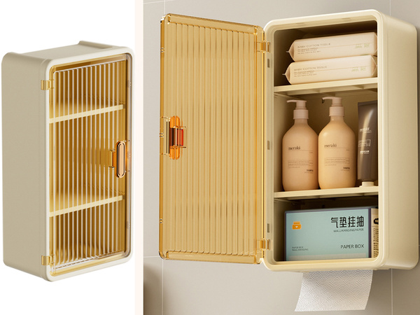 Wall-mounted bathroom shelf, 3 levels, doors, opening for tissues