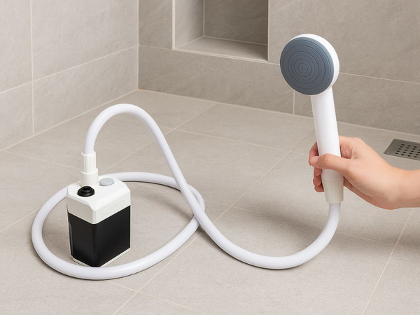 Tragbare dusche für touristen, camping und auto mit pumpe und akku