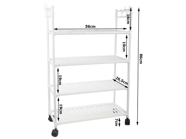 Bathroom shelf kitchen cabinet mobile shelving unit on wheels 4 levels hooks