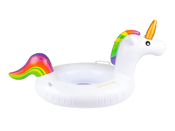 Bebé unicornio rueda inflable para nadar en el agua de la piscina