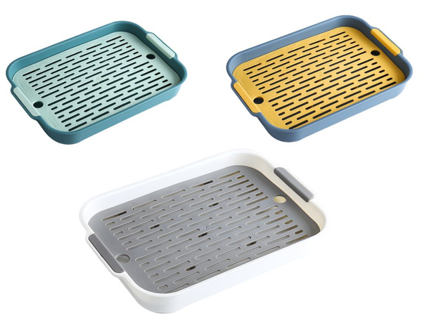 Two-layer kitchen tray with drain for dishes, vegetables, fruit, plastic