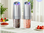 Electric gravity pepper and salt mill with lighting and adjustment