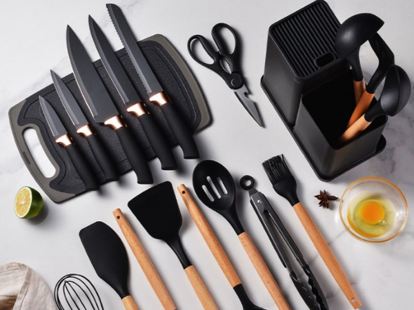 Set de 12 cuțiți de bucătărie cu utensile și suport pentru cuțiți cu tavă de tăiat