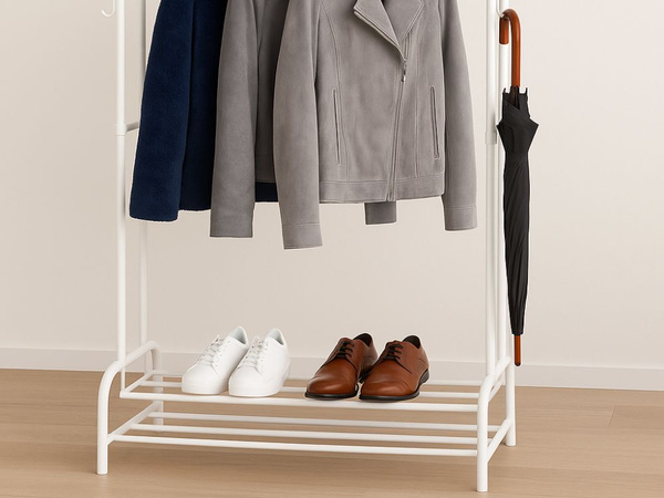 Porte-vêtements sur pied avec étagères pour chaussures et vestes armoire métallique