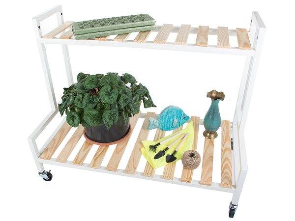 Parterre de madera para flores en maceta estantería de dos pisos sobre ruedas terraza
