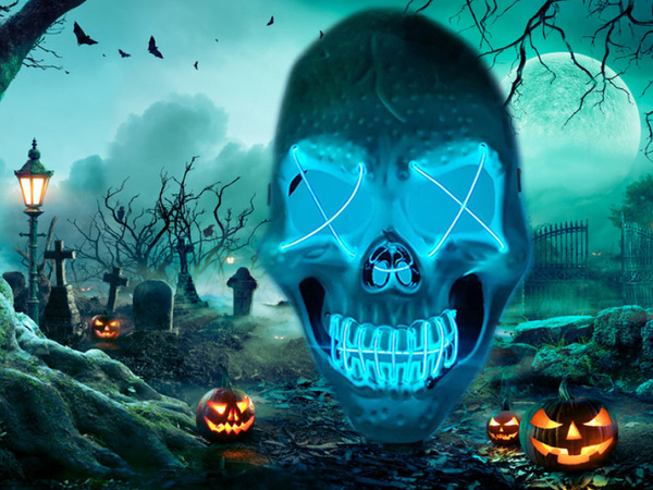 Rezultātā galvaskausa maska halloween kvēlojošs rezultātā puse