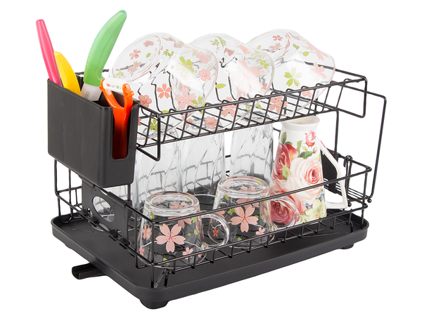 Secador de platos, cubiertos y tazas de dos niveles con bandeja