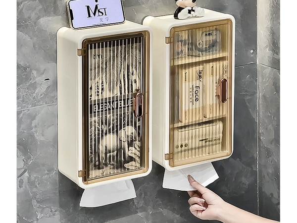 Wall-mounted bathroom shelf, 3 levels, doors, opening for tissues