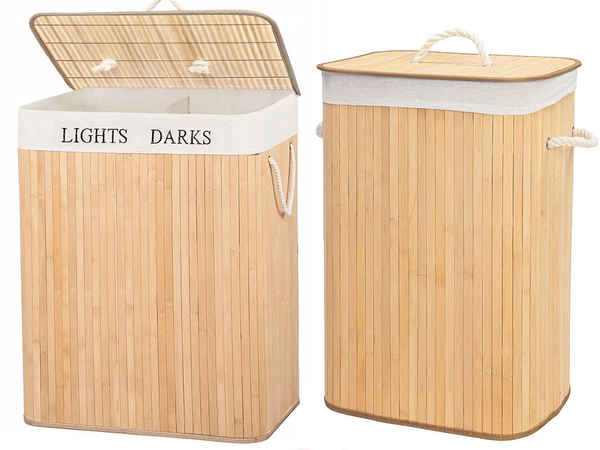 Bambus coș de rufe 2 compartimente de sine stătător organizator container capac