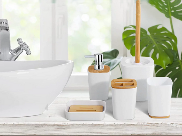 Set de baño cepillo de baño wc dispensador de jabón cestilla de bambú 5