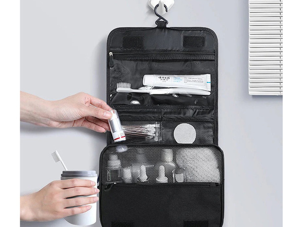 Cosmetic bag, hanging organizer for bathroom, with lock, hook and handle