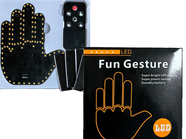 Gesture signalling hand on the rear window of a car middle finger led remote control