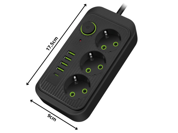 3 socket power plug 3 socket 250v 2m 4x usb 1x ucb-c