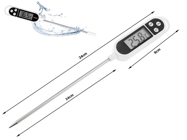 Kitchen thermometer with probe for barbecue meat water