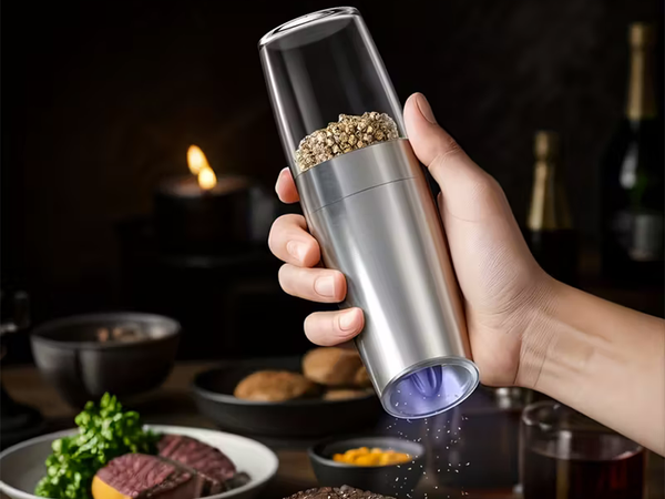 Moară electrică de pipă și sare cu gravitație, cu iluminare și reglare