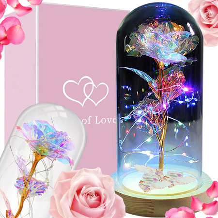 Rose éternelle en verre cadeau boîte lumineuse led verre base en bois.